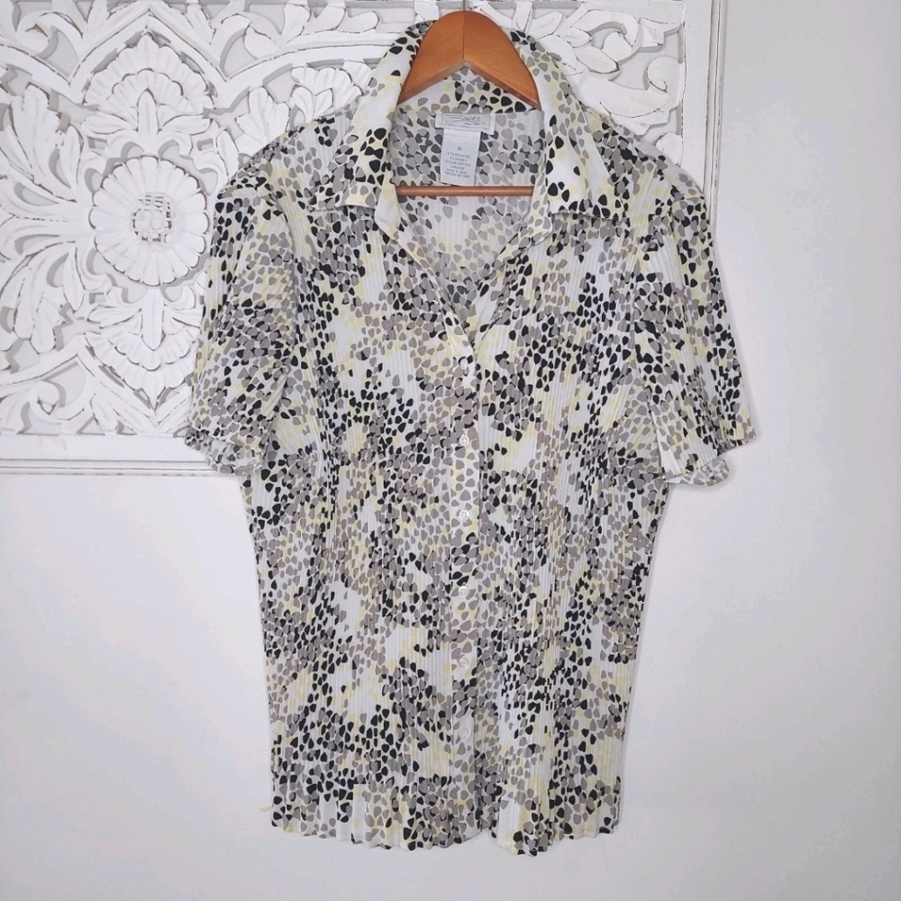 Zacks Black Yellow Gray Pleated Short Sleeve Women's Blouse Size 16
